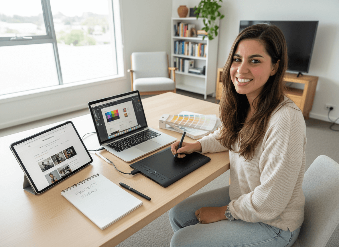 Cristina-working-side- Cristina Lacruz at work — designing, creating, and bringing ideas to life with her computer and iPad. A look behind the scenes of her creative world.